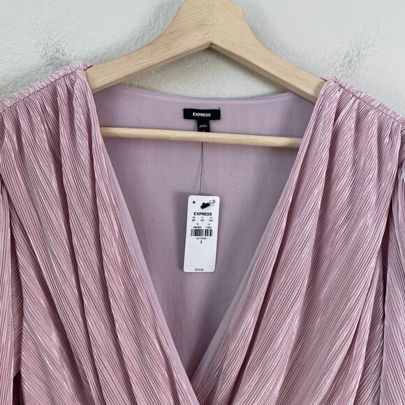 Express Womens Small Pleated Surplice Top Balloon Sleeve Lilac Mauve Pink Blouse - Picture 9 of 13